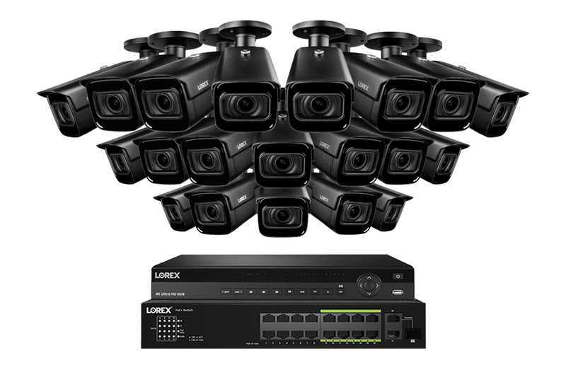 Lorex 4K (32 Camera Capable) 8TB Wired NVR System with Nocturnal 3 20 Black Smart IP Bullet Cameras Featuring Motorized Varifocal Lens and 30FPS Recording