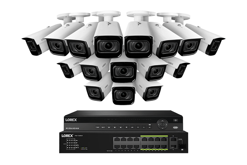 Lorex 4K (32 Camera Capable) 8TB Wired NVR System with Nocturnal 3 16 White Smart IP Bullet Cameras Featuring Motorized Varifocal Lens and 30FPS Recording