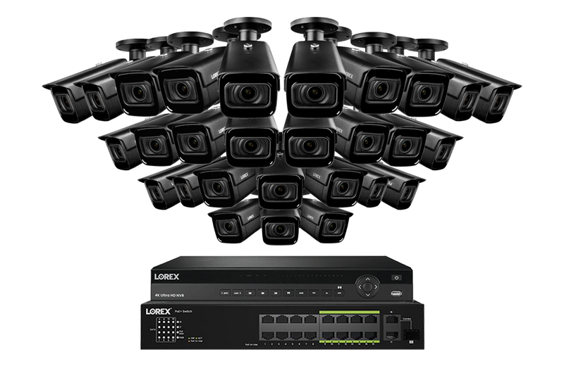 Lorex 4K (32 Camera Capable) 8TB Wired NVR System with Nocturnal 3 28 Black Smart IP Bullet Cameras Featuring Motorized Varifocal Lens and 30FPS Recording