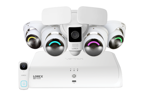 Lorex Fusion 4K 16 Camera Capable (8 Wired + 8 Fusion Wi-Fi) 2TB NVR System with Four H16 IP Dome Cameras, One 2K Battery Operated Doorbell, and One 2K Floodlight