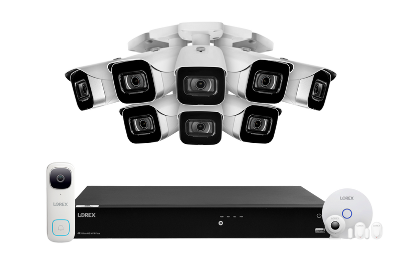 Lorex Fusion 4K (16 Camera Capable) 4TB Wired NVR System with 8 White IP Bullet Cameras, One 2K Wired Video Doorbell and One Sensor Kit