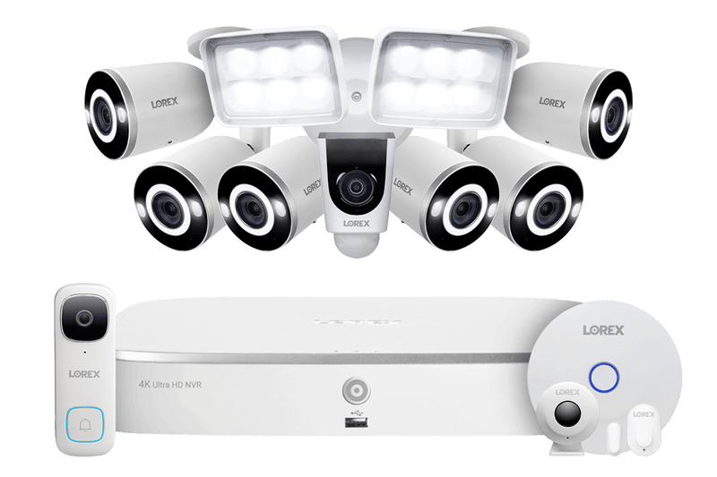 Lorex Fusion 4K 16 Camera Capable (8 Wired + 8 Wi-Fi) 2TB NVR System with 6 Smart Security Lighting Bullet Cameras, 2K Wired Doorbell, Sensor Kit and 1080P Floodlight