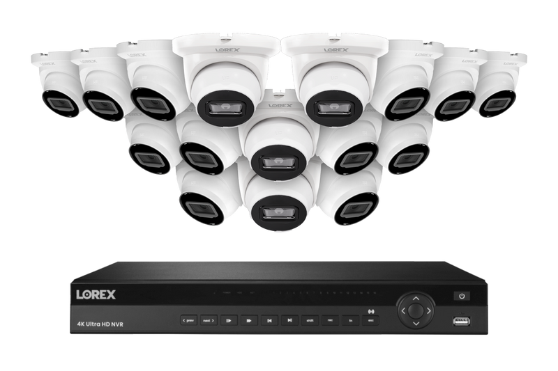 Lorex Fusion Series 4K 16 Camera Capable (Wired or Fusion Wi-Fi) 4TB Wired NVR System with 4MP (2K) A4 IP Turret Cameras - White 16