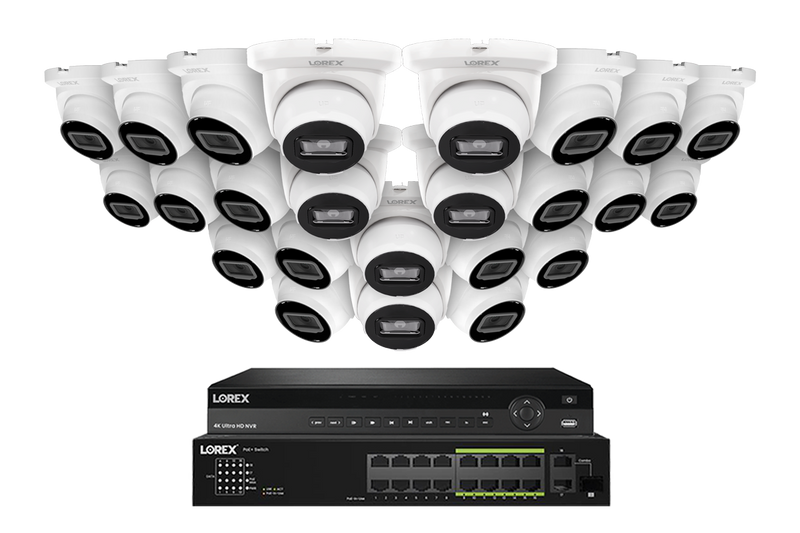 Lorex Pro Series 4K 32 Camera Capable 8TB Wired NVR System with 4MP (2K) A4 IP Turret Cameras - White 24