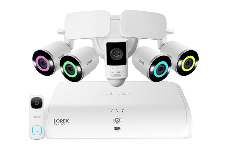 Lorex Fusion 4K 16 Camera Capable (8 Wired + 8 Fusion Wi-Fi) 2TB NVR System with Four H16 IP Bullet Cameras, One 2K Battery Operated Doorbell, and One 2K Floodlight