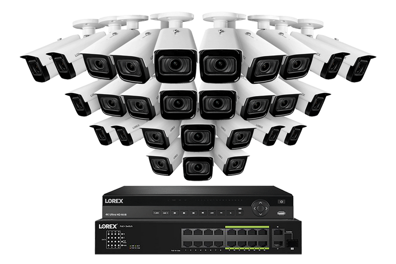 Lorex 4K (32 Camera Capable) 8TB Wired NVR System with Nocturnal 3 28 White Smart IP Bullet Cameras Featuring Motorized Varifocal Lens and 30FPS Recording