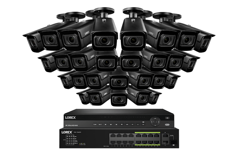 Lorex 4K (32 Camera Capable) 8TB Wired NVR System with Nocturnal 3 24 Black Smart IP Bullet Cameras Featuring Motorized Varifocal Lens and 30FPS Recording