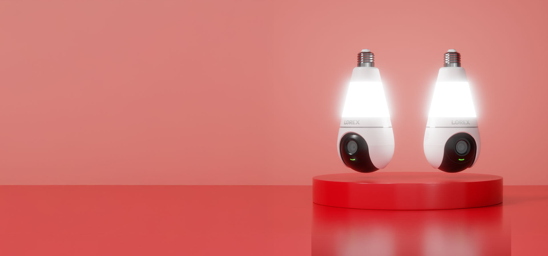 Lorex NEW Lightbulb Security Cameras on red background