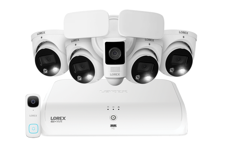 Lorex Fusion 4K 16 Camera Capable (8 Wired + 8 Fusion Wi-Fi) 2TB NVR System with Four H13 IP Dome Cameras, One 2K Battery Operated Doorbell, and One 2K Floodlight