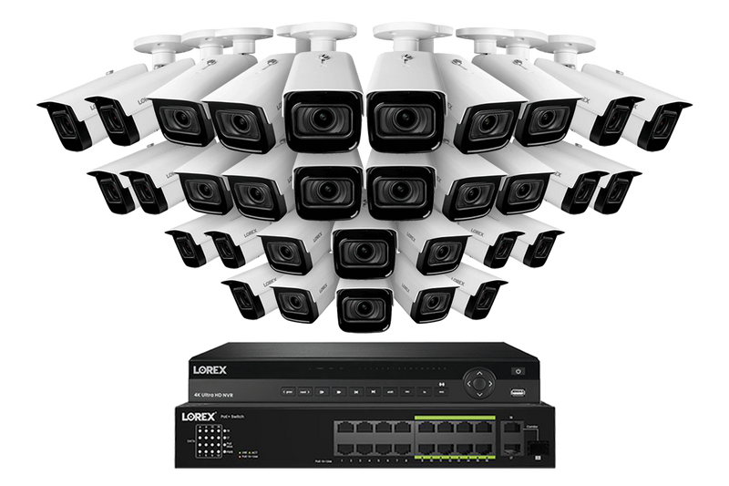 Lorex 4K (32 Camera Capable) 8TB Wired NVR System with Nocturnal 3 32 White Smart IP Bullet Cameras Featuring Motorized Varifocal Lens and 30FPS Recording