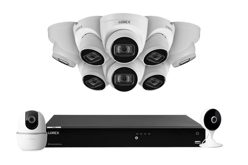 Lorex Fusion 4K (16 Camera Capable) 4TB Wired NVR System with 8 White IP Dome Cameras, One 2K Pan-Tilt Indoor Wi-Fi Camera and One 2K Indoor Wi-Fi Camera