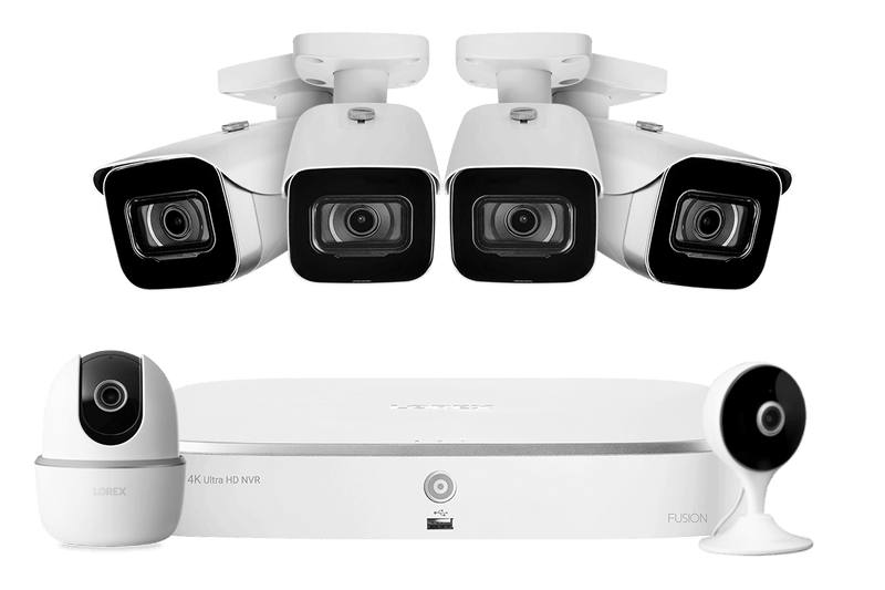 Lorex Fusion 4K 16 Camera Capable (8 Wired + 8 Wi-Fi) 2TB NVR System with 4 IP Bullet Cameras, One 2K Pan-Tilt Camera and One 2K Indoor Wi-Fi Camera